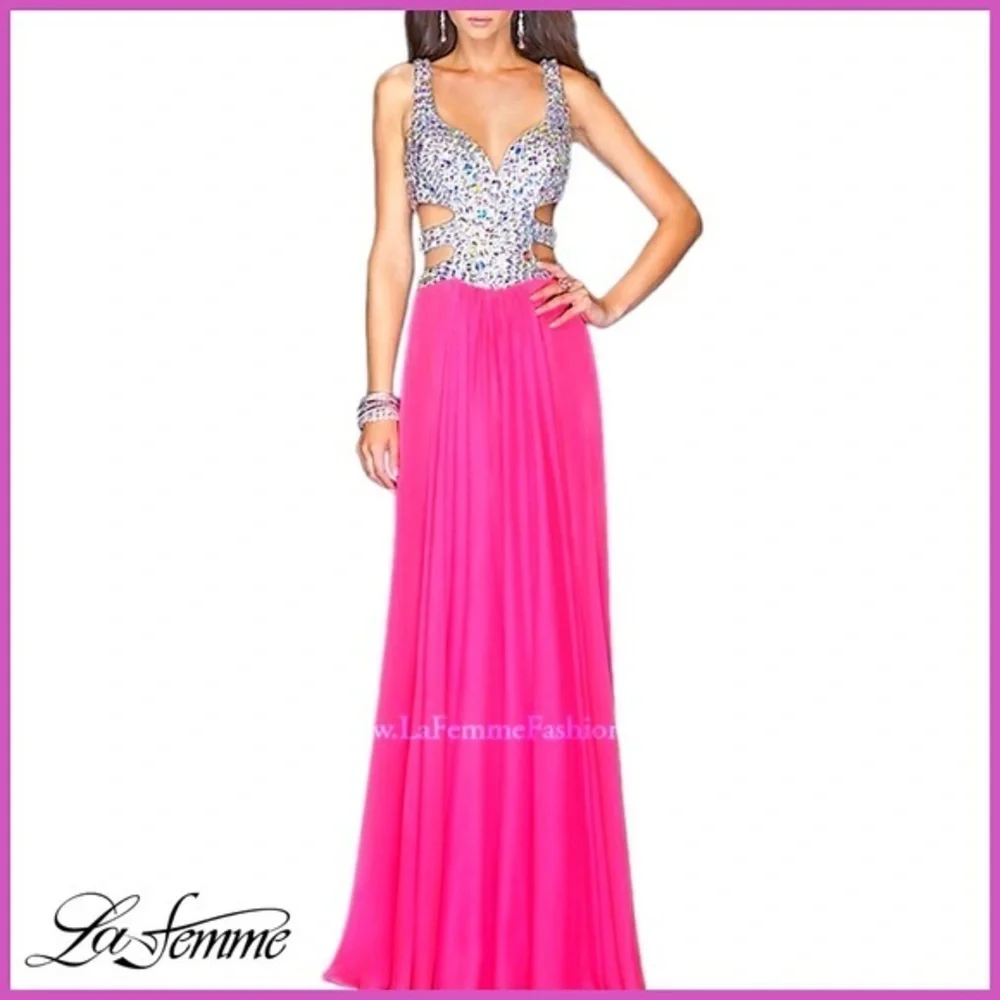 La Femme Bold Pink Gemstone Embellished Sleeveless Gown Dress